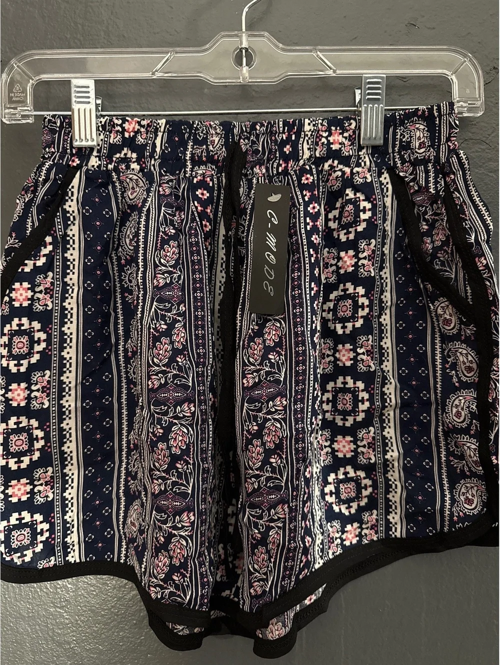 Cali Mode Women's Navy Blue Floral Patterned Shorts with Black Trim